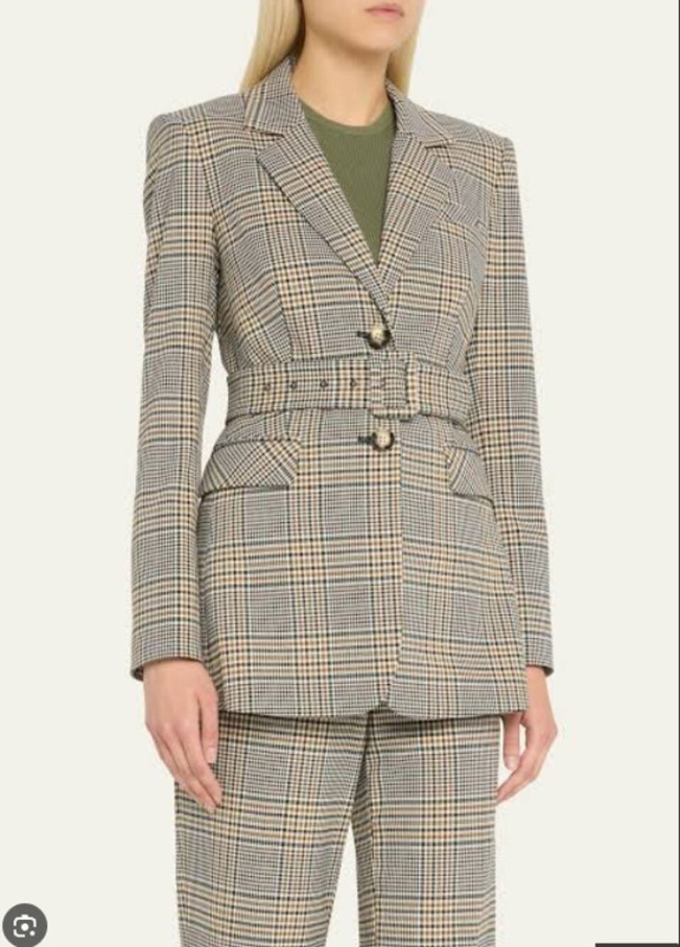 Veronica Beard Ryanne Size 6 Plaid Ecru Green Belted Blazer Jacket Light Brown